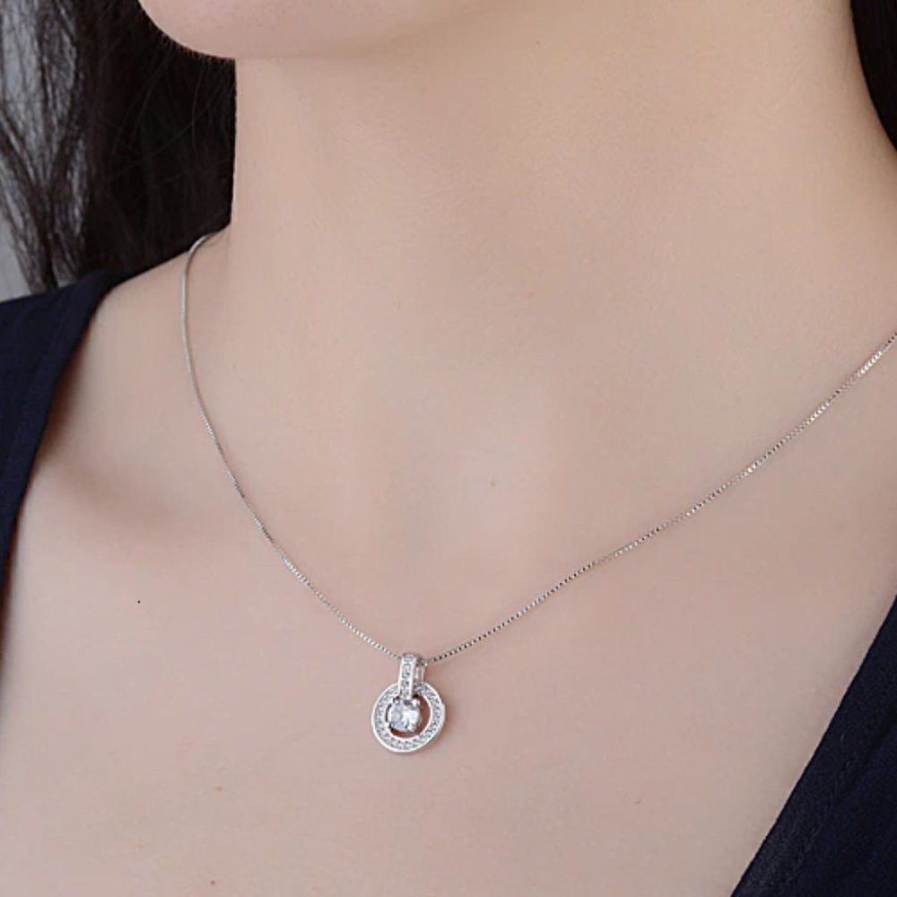 Sterling Silver Solitaire and Halo Pendant Necklace - Picture 5 of 7